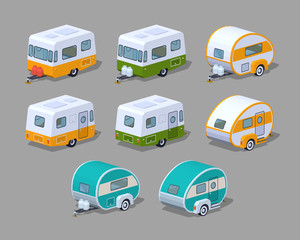 Collection of the motorhomes. 3D lowpoly isometric vector illustration. The set of objects isolated against the grey background and shown from two sides
