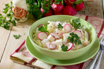 Salad with fresh radish, cabbage, feta cheese and chicken