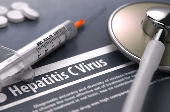 Diagnosis - Hepatitis C Virus. Medical Concept with Blurred Text, Stethoscope, Pills and Syringe on Grey Background. Selective Focus. 3D Render.