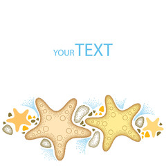 Fototapeta na wymiar Vector illustration with dotted Starfish or Sea star in beige and pebbles isolated on white background. Card for summer design with empty place for text. Marine elements in dotwork style. 