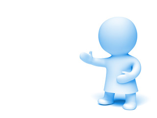 cute human 3d person in shades of blue wearing a gown presenting an empty space in a white scene (3D illustration isolated on a white background)