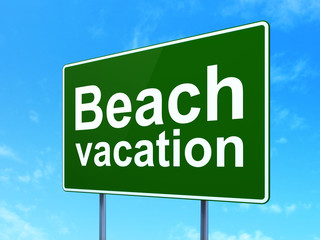 Tourism concept: Beach Vacation on road sign background