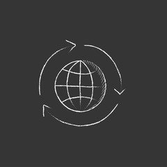 Globe with arrows. Drawn in chalk icon.
