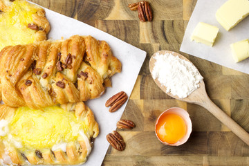 

Maple and Pecan Plait Danish Pastries, Custard pastries and ingredients for pastries