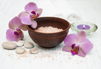 Fototapeta na wymiar pink orchids and salt