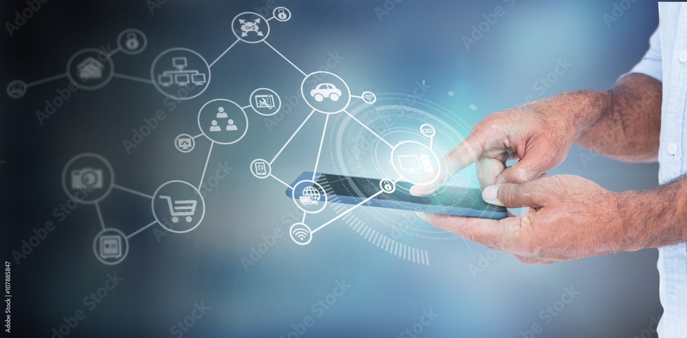 Poster composite image of a man using tablet computer