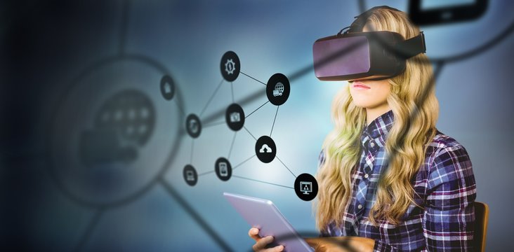 Composite image of pretty casual worker using oculus rift
