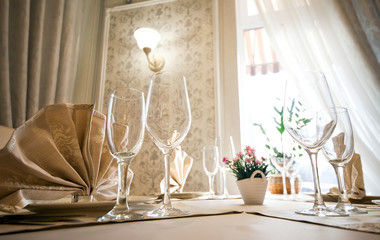 Table set for wedding or another catered event dinner.