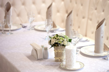 Table set for wedding or another catered event dinner.