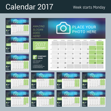 Desk Calendar for 2017 Year. Vector Design Print Template with Place for Photo, Logo and Contact Information. Week Starts Monday. Calendar Grid with Week Numbers and Place for Notes