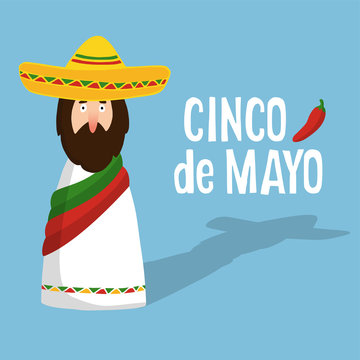 Cinco de Mayo greeting card with Mexican man with sombrero, hand drawn text and chilli pepper, flat design, vector