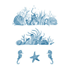 Watercolor set of illustrations with seabed and marine inhabitants.