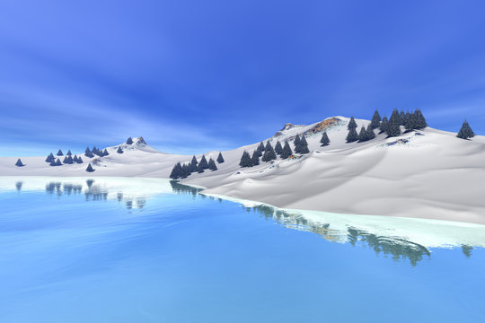 Mountain, a alpine landscape, snow, forest, reflection in the lake and a blue sky.