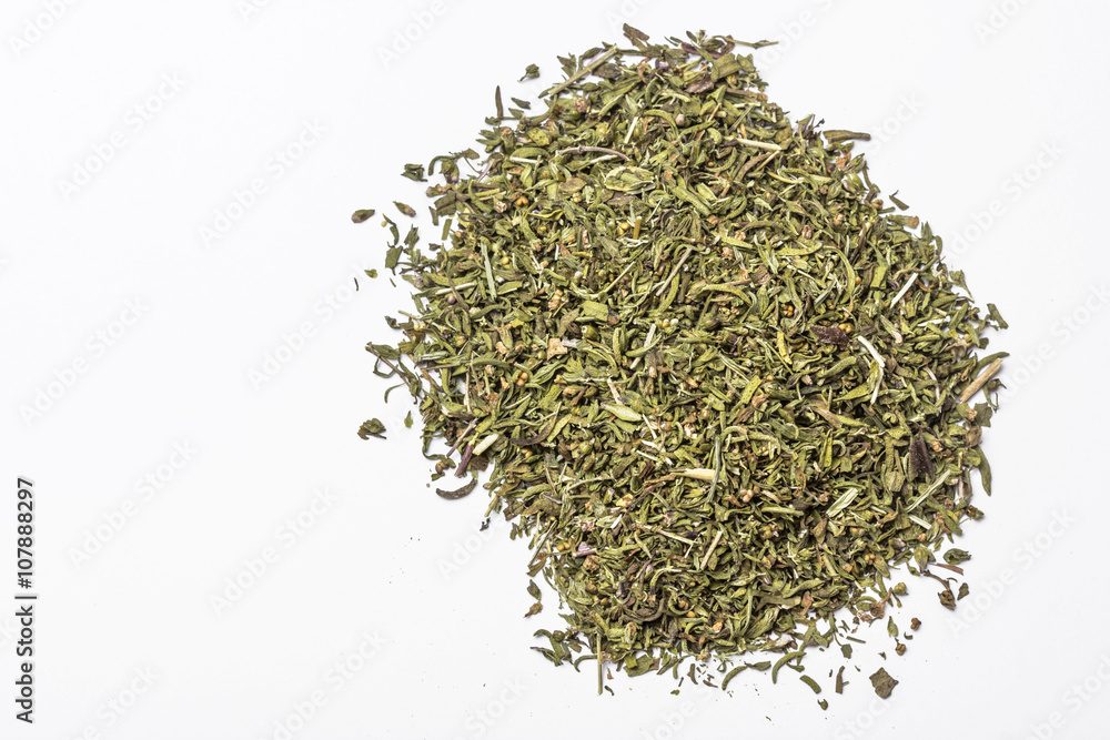 Wall mural dried savory herb isolated on white.