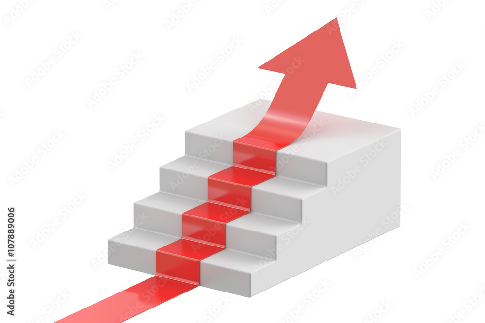 Poster arrow on a staircase, leader concept. 3d rendering