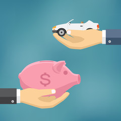 Hands with car and money bag.