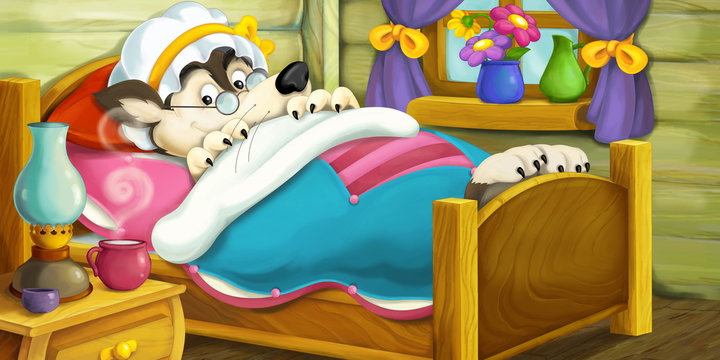 Fototapeta Cartoon scene of a wolf in the bed - illustration for children