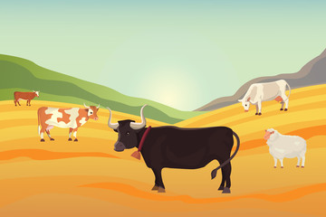 Cows in a filed cartoon illustration. 