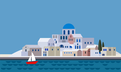 Fototapeta premium Mediterranean landscape by sea, Greek island with little town, village, resort, beach, flat design, vector