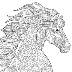 Zentangle stylized cartoon horse (mustang), isolated on white background. Hand drawn sketch for adult antistress coloring page, T-shirt emblem, logo or tattoo with doodle, zentangle design elements.