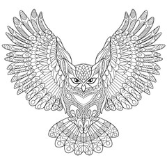 Zentangle stylized cartoon eagle owl, isolated on white background. Hand drawn sketch for adult antistress coloring page, T-shirt emblem, logo or tattoo with doodle, zentangle, floral design elements.