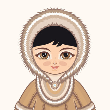 North girl. The girl in Chukcha dress. Historical clothes. The Far North. Colorful drawing. Portrait. Avatar.