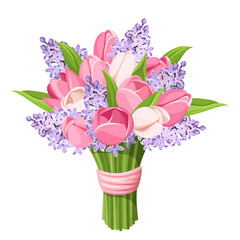 Vector bouquet of pink tulips and purple lilac flowers isolated on a white background.