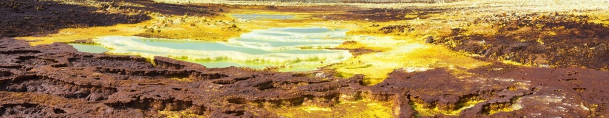 Panorama view of volcanic explosion crater in the Danakil depression of northern Ethiopia. The...