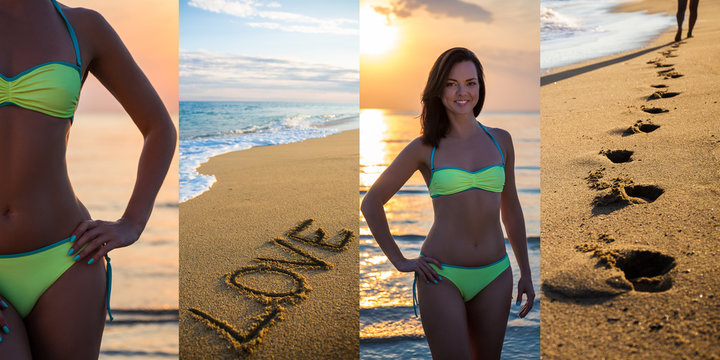 summer and love concept - collage of slim beautiful woman in bik