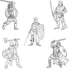 Set of vector silhouettes of the knights. Crusaders. Clipart EPS 10