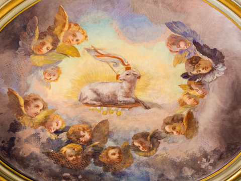 ROME, ITALY - MARCH 11, 2016: The Lamb of God fresco in the cupola of Chapel of the Assumption in church Basilica di Santi Giovanni e Paolo by unknown artist of 18. cent.