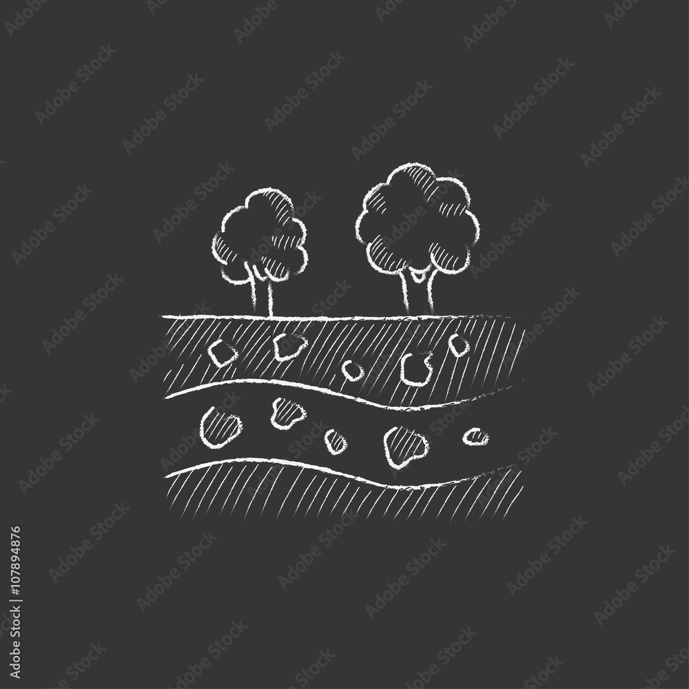 Poster cut of soil with different layers and trees on top. drawn in chalk icon.