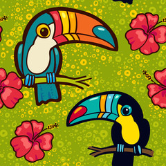Obraz na płótnie Canvas Toucan and Hibiscus. Tropical Green seamless pattern.