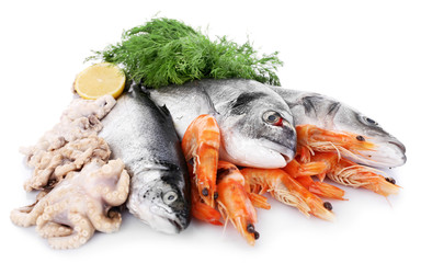 Fresh Mediterranean cocktail of fish on white background, close up