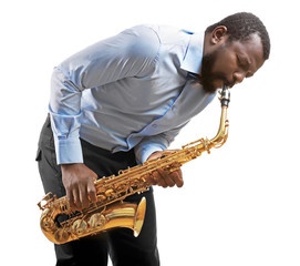 Obraz na płótnie Canvas African American jazz musician playing the saxophone, isolated on white
