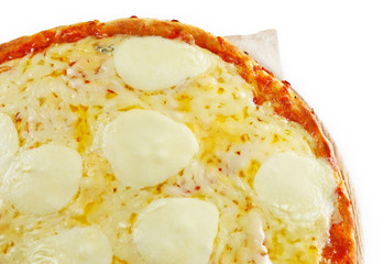 Pizza full of cheese on wooden board isolated on white background, close up