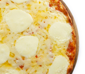 Pizza full of cheese on wooden board isolated on white background, close up