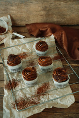 Five chocolate cupcakes on wooden background
