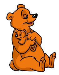 Brown bear mom small teddy bear cartoon illustration isolated image animal character