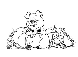 Pig harvests vegetables illustration coloring pages