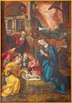 Antwerp - Paint of Nativity scene by Maarten de Vos from year 1577  in the Cathedral