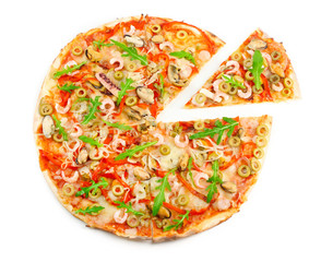 Sliced pizza with seafood, red pepper and green olives, isolated on white