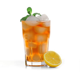 Glass of iced tea with lemon isolated on white