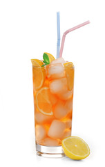 Glass of iced tea with lemon isolated on white