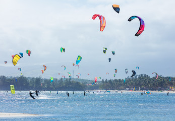 Kitesurfers enjoying wind power on Bulabog beach, Boracay island, Philippines 