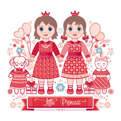 Happy birthday - greetings card for girl . Illustration of cute little princess.