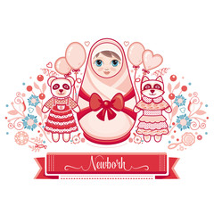 Newborn little baby. Greeting card of the newborn. 
