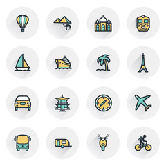 Travel icons. Contour lines with color fills. Flat design.