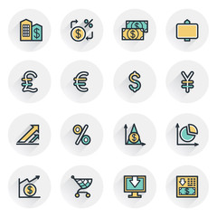 Finance icons. Contour lines with color fills. Flat design.