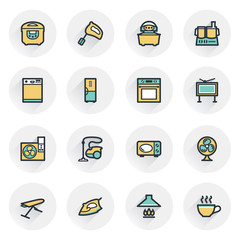 Home appliances icons. Contour lines with color fills.